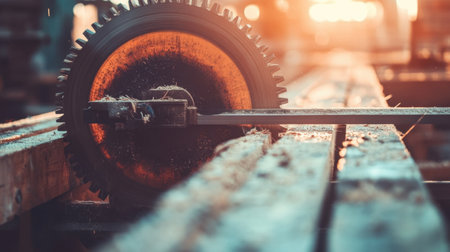 A detailed close-up of a circular saw blade engaged in cutting wood, showcasing sawdust in a workshop atmosphere illuminated by warm sunset light.の素材