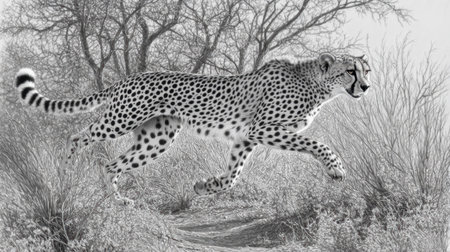 A stunning depiction of a cheetah in mid-sprint, showcasing its intricate fur patterns and natural environment. This captivating artwork embodies the beauty of wildlife.の素材
