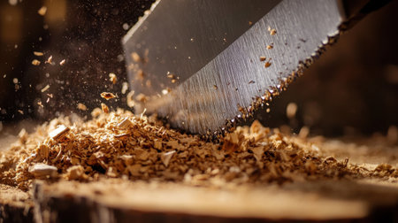 This image captures the intricate details of a handsaw cutting through wood, creating a dynamic scene of flying wood shavings and sawdust in a workshop.の素材