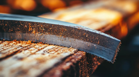 This striking image showcases a curved saw blade resting on a wooden surface, capturing the essence of craftsmanship with soft lighting and a blurred background.の素材