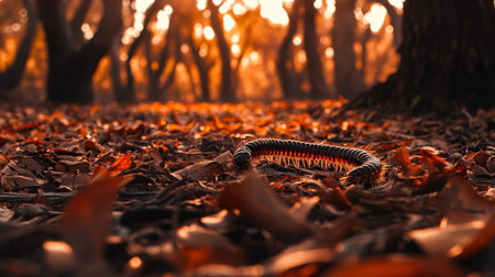A vibrant millipede traverses the dry leaves on the forest floor, bathed in warm, soft light during sunset. This serene scene captures the beauty of nature.の素材