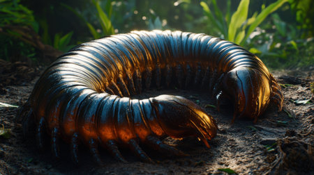 A striking close-up image of a giant millipede resting on the forest floor, illuminated by soft sunlight, highlighting its intricate details and vibrant colors.の素材