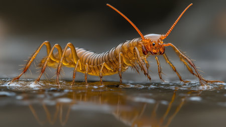 A striking close-up image of an unusual insect highlighting vivid colors and intricate body details, captured during a moment on a reflective surface in nature.の素材