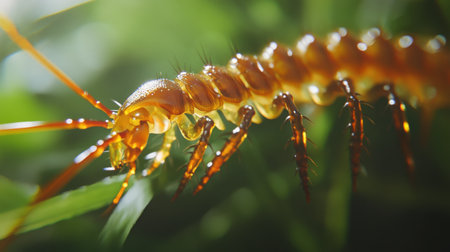 A striking close-up of a centipede showcasing intricate details and vibrant colors as it crawls gracefully on lush green leaves, illuminated by soft natural light.の素材
