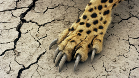 This detailed close-up captures a cheetah paw with sharp claws resting on cracked dry earth, illustrating pressing environmental issues and the beauty of wildlife.の素材