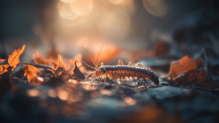This captivating close-up features a centipede on a forest floor adorned with autumn leaves. Soft, dreamy light enhances the natural beauty of the scene.の素材