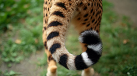 Close-up view of a cheetah tail showcasing striking black and orange stripes and a distinctive curled tip, set against a lush green background in nature.の素材