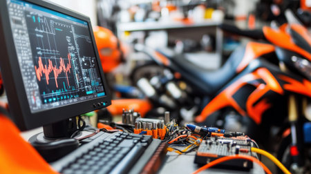 A workspace showcasing advanced motorcycle diagnostic tools and equipment, with a focus on a computer screen displaying data analysis and an orange motorcycle backdrop.の素材