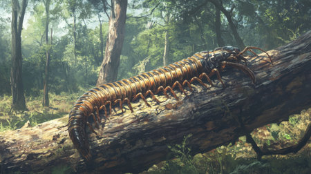 A close-up view of a centipede on a decaying log in a vibrant forest. The sunlight filters through tree leaves, creating a serene atmosphere, showcasing biodiversity.の素材