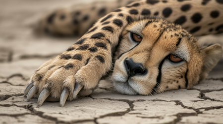 A captivating close-up of a cheetah resting on cracked earth, showcasing its striking fur pattern and intense gaze, highlighting the beauty of wildlife in its natural setting.の素材