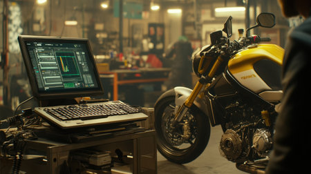A modern motorcycle repair workshop showcases a sleek yellow motorcycle next to advanced computer equipment for diagnostics. The urban garage exudes creativity and skill.の素材