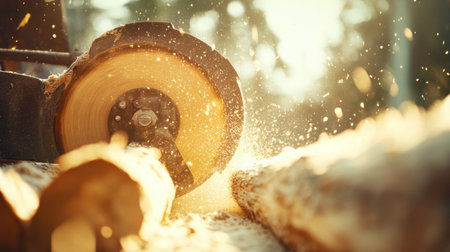 A close-up of a circular saw in action as it cuts through a log, with sunlight filtering through trees and wood shavings dancing in the air, capturing the essence of woodworking.の素材