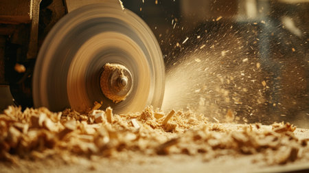 Intense close-up of a circular saw in action, cutting wood and creating a flurry of chips and dust. Dynamic motion highlights craftsmanship and artistry in woodworking.の素材