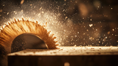 A dynamic close-up photo capturing a circular saw blade in motion, producing wood dust and shavings in a workshop, highlighting craftsmanship and vibrant action.の素材