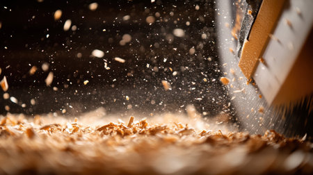 This engaging image captures the dynamic movement of sawdust and wood shavings, highlighting the intense activity of woodworking and showcasing craftsmanship in progress.の素材