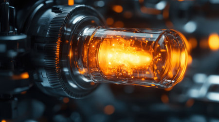This close-up image features a futuristic glass tube filled with bright orange plasma, surrounded by intricate mechanical components, evoking a high-tech atmosphere.の素材