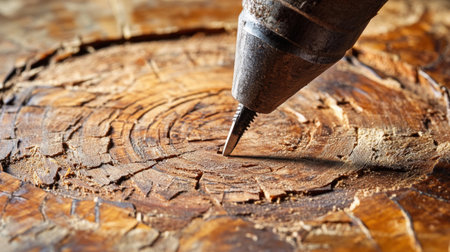 This striking close-up depicts a pencil poised over a beautifully textured wooden surface, showcasing the interplay between artistry and nature's design in a detailed view.の素材