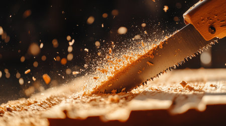 This image showcases a hand saw in action, cutting through wood and producing shavings and dust, highlighting detailed craftsmanship in woodworking and carpentry techniques.の素材