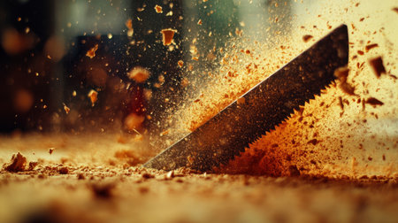 A striking image capturing the dynamic motion of a saw cutting through wood, with sawdust flying. This scene highlights the artistry and skill involved in woodworking.の素材