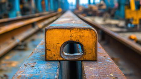A striking close-up of an industrial rail track component showcasing vibrant colors and texture against a blurred construction site background.の素材