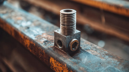 This image features a close-up view of a metallic threaded bolt on a rusty surface, showcasing the intricacies of industrial craftsmanship and engineering within a workshop.の素材