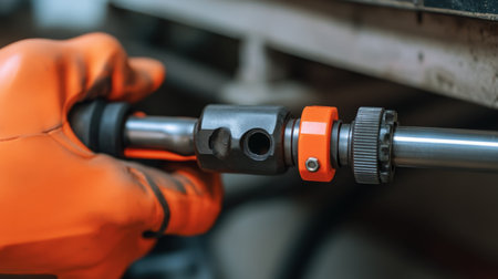 An orange gloved hand skillfully operates a socket and ratchet tool in a workshop setting, highlighting the importance of safety and precision in mechanical tasks.の素材