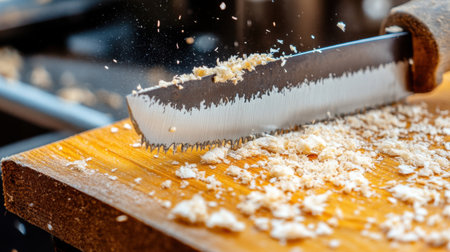 A captivating close-up image of a hand saw actively cutting through wood, capturing the fine details of shavings and dust flying in a well-lit environment.の素材
