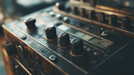 A detailed close-up of vintage music equipment, featuring well-worn knobs and buttons that reflect the artistry and heritage of sound creation in a creative studio setting.の素材