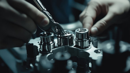 A technician is skillfully adjusting engine components with a wrench in a bright industrial workshop, showcasing the precision and care involved in mechanical repairs.の素材