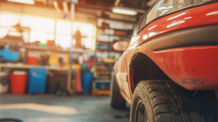 An engaging close-up image of a red car tire in a vibrant garage setting, highlighting the tools and equipment used in automotive repair and maintenance work.の素材