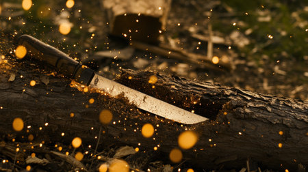 A striking image of a knife embedded in a log, surrounded by glimmering particles, creating a magical atmosphere in a serene forest setting. Ideal for nature enthusiasts.の素材