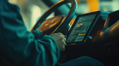 A focused driver interacts with a tablet while navigating a city, showcasing a modern digital interface in a vehicle, highlighting technology and connectivity.の素材