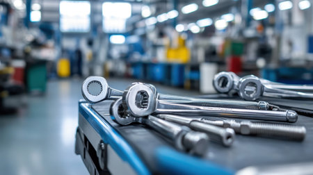 A collection of shiny metallic tools laid out on a workbench in a modern industrial workshop. The blurred background emphasizes a professional workspace focused on craftsmanship.の素材