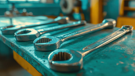 A stunning close-up of chrome wrenches on a green workbench, showcasing the intricate details and craftsmanship in a well-lit industrial workshop environment.の素材