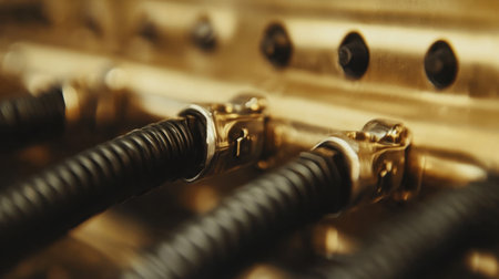 Detailed view of industrial components featuring metallic cables and connectors, showcasing the complexity and precision involved in modern machinery and equipment.の素材
