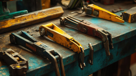 A colorful arrangement of vintage hand tools including clamps and wrenches on a rustic workbench, ideal for representing craftsmanship and manual labor in workshop settings.の素材