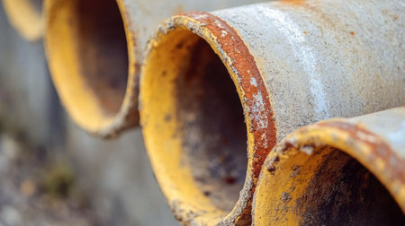 This image features a close-up of several rusty metal pipes with a vibrant yellow interior. The weathered surface showcases the passage of time, creating an industrial aesthetic.の素材