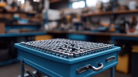 A close-up view of a blue workbench filled with an organized collection of metallic hand tools in a bright workshop setting, showcasing craftsmanship and utility.の素材