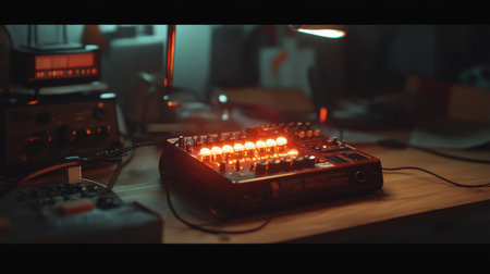 An atmospheric scene featuring a vintage music recording device with illuminated controls, set in a creative workspace, evoking a sense of inspiration and artistry.の素材