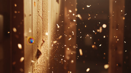 A dynamic scene captures the action of wood splintering with flying particles illuminated in warm light. The image highlights texture and detail, creating an engaging visual moment.の素材