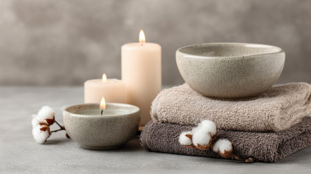A serene spa composition featuring lit candles, ceramic bowls, and plush towels. Perfect for conveying relaxation, wellness, and peaceful self-care moments.の素材