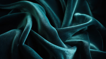 Rich deep teal velvet fabric creates a striking visual with its smooth texture and elegant drape, perfect for enhancing design projects and creating sophisticated backgrounds.の素材