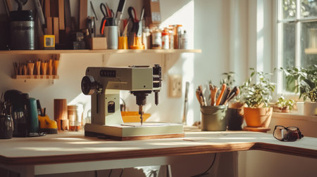 A serene sewing workspace features a modern sewing machine on a rustic table. Sunlight floods the room, illuminating various tools and plants, creating an inviting atmosphere.の素材