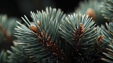 Detailed close-up of pine needles revealing intricate textures and vibrant colors. This image captures the essence of nature, showcasing lush greenery and fresh growth.の素材
