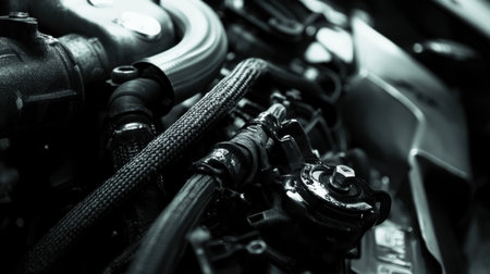 This close-up image captures intricate details of engine components in an automobile, highlighting the interplay of black and metallic finishes in mechanical design.の素材