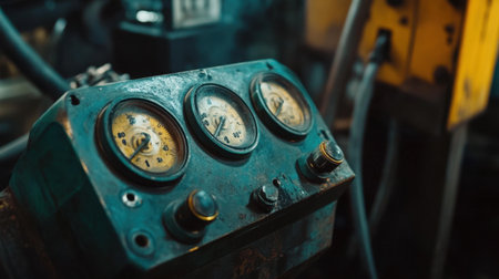 Explore a vintage industrial control panel featuring three analog gauges in a dimly lit workshop, showcasing the rich textures and history of machinery.の素材