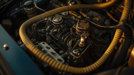 This close-up image captures the intricate details of a classic engine, featuring various components and hoses. It emphasizes craftsmanship and industrial design.の素材