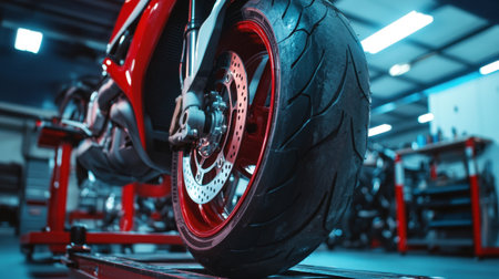 Explore the intricate details of a motorcycle tire and wheel showcased in a well-lit workshop, capturing the essence of engineering and speed in an automotive setting.の素材
