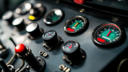 Close-up view of a control panel featuring various gauges and buttons, providing essential data for vehicle functions and ensuring efficient operation of machinery.の素材