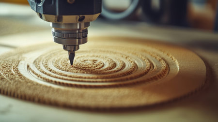 Explore the artistry of CNC machine woodworking as it carves a detailed spiral pattern on a wooden surface, showcasing precision and craftsmanship in an artisan workshop.の素材